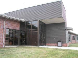 A building with glass windows