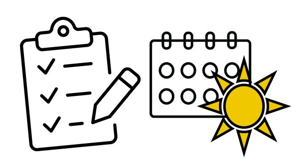 Summer registration event Illustration of a checklist with a pencil, calendar and sunburst.