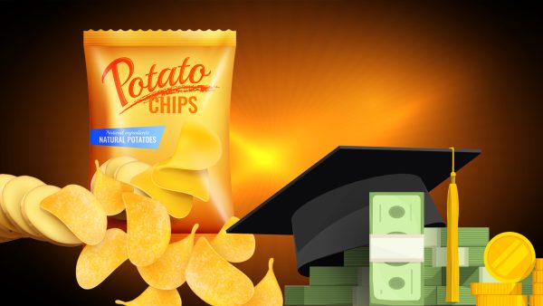 Illustration of potato chips, graduation cap and stack of money.