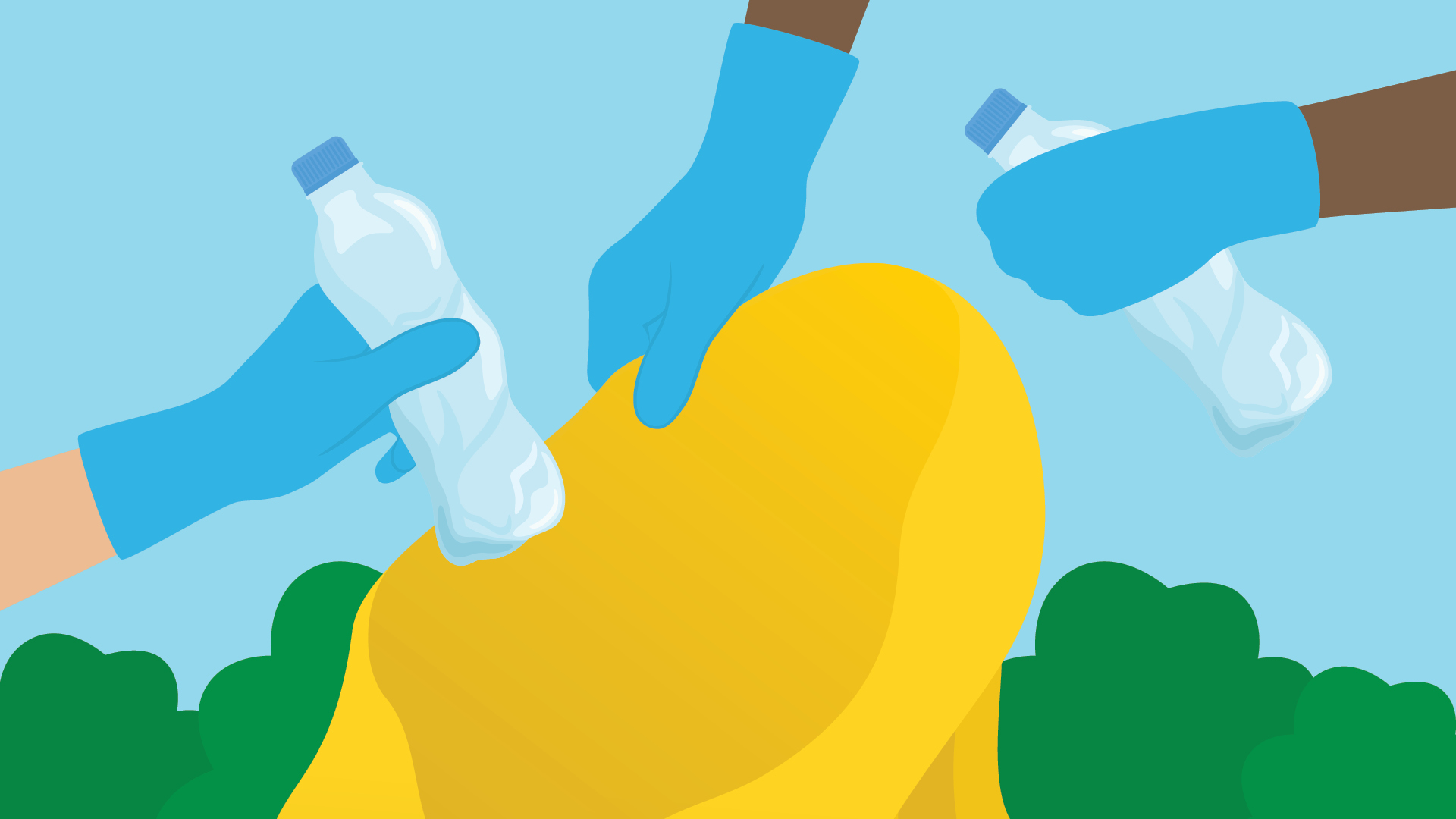 illustration of gloved hands putting trash bottles in garbage bag.