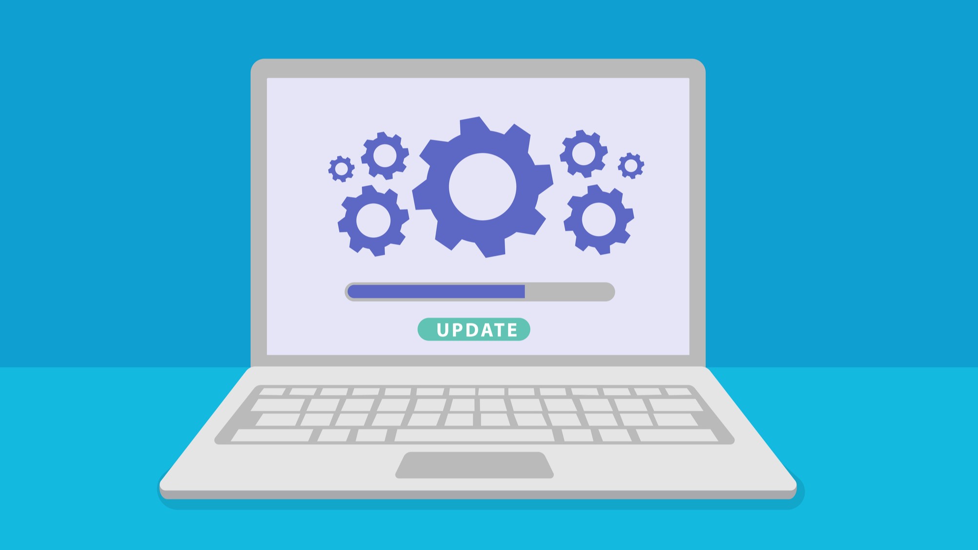 illustration of open laptop computer with word update on the screen.