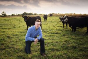 Man kneels in a field with cattle in the background