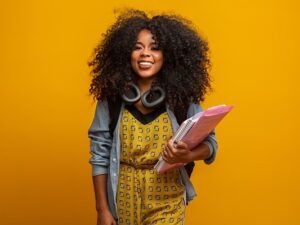 A person holding books and smiling