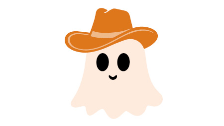 Illustration of smiling ghost wearing cowboy hat with white background.