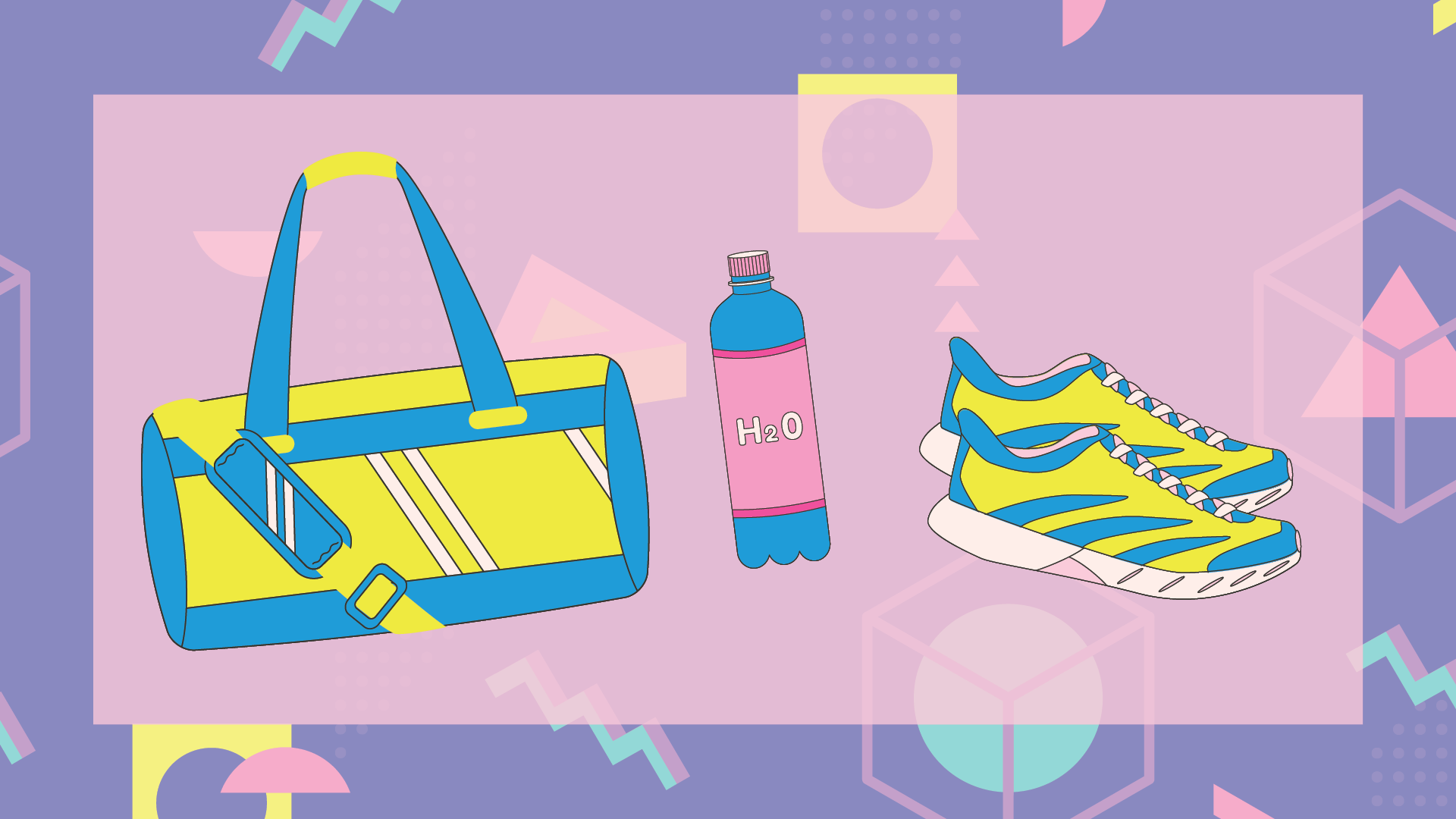 illustration of gym bag, water bottle and athletic shoes.