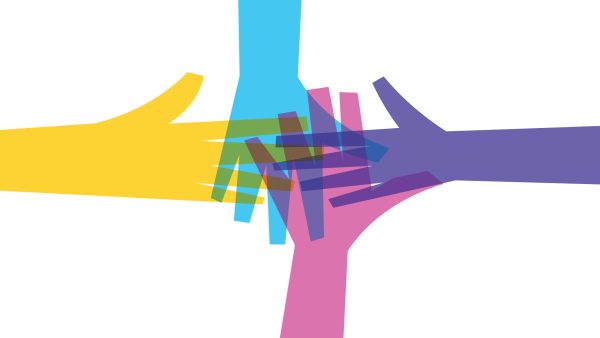 Illustration of 4 overlapping hands with each hand a single color of yellow, blue, purple or pink.