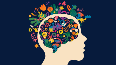 Illustration of head in silhouette with flowers, plants, puzzle pieces, rainbow, light bulb and paper airplanes.