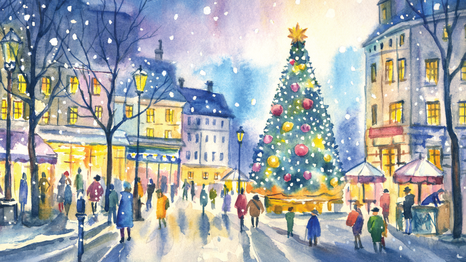 Illustration of city street scene at the holidays with large christmas tree and snow.
