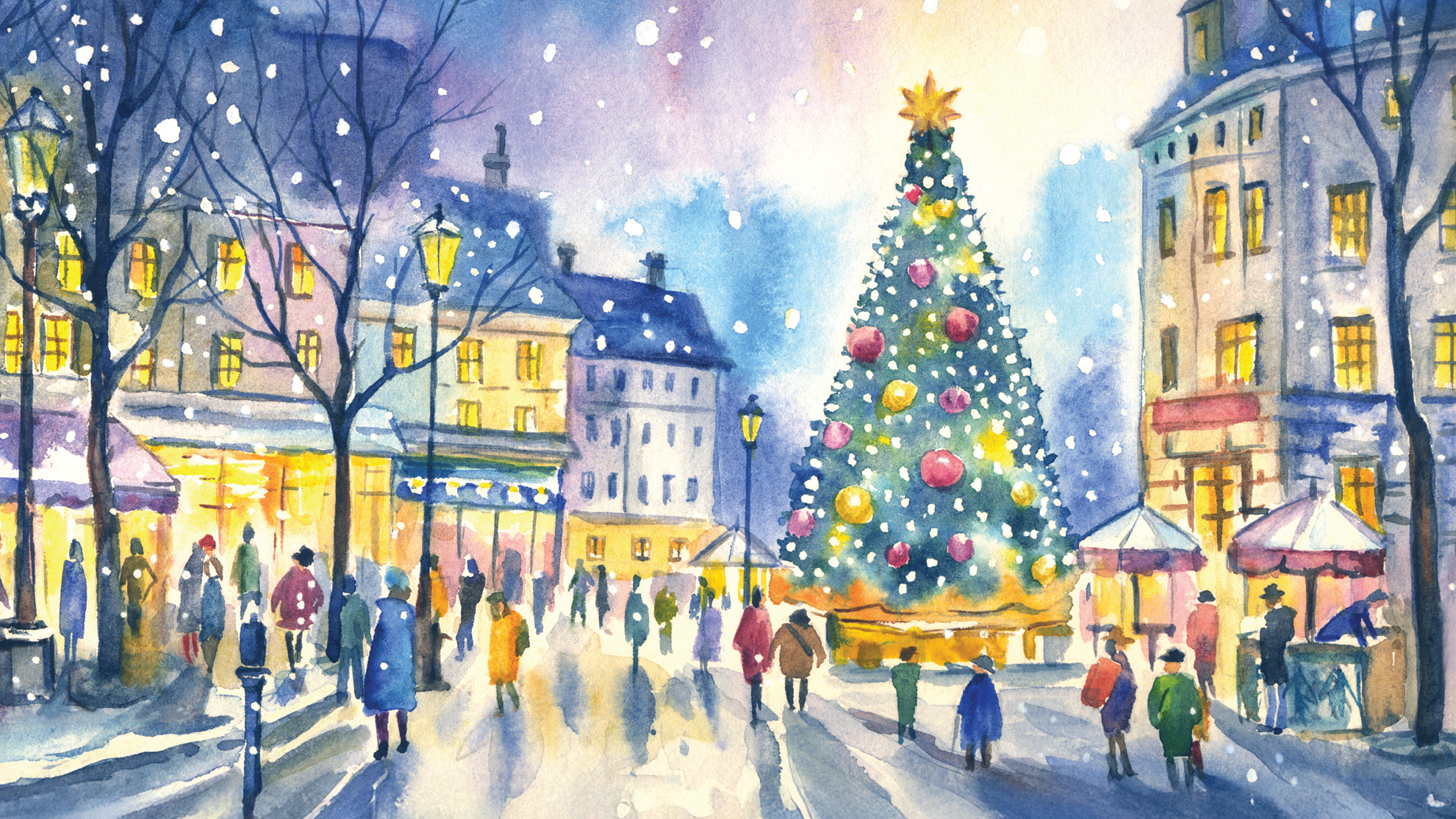 Illustration of city street scene at the holidays with large christmas tree and snow.