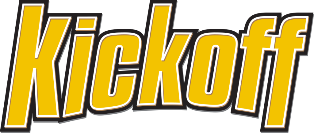The word "kickoff" in yellow letters, outlined in white and black