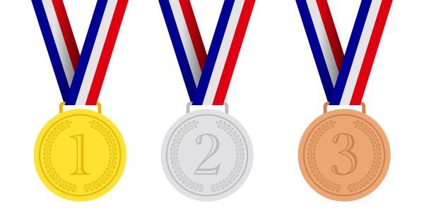 Illustration of gold, silver and bronze medals hanging on ribbons for 1st, 2nd and 3rd place.