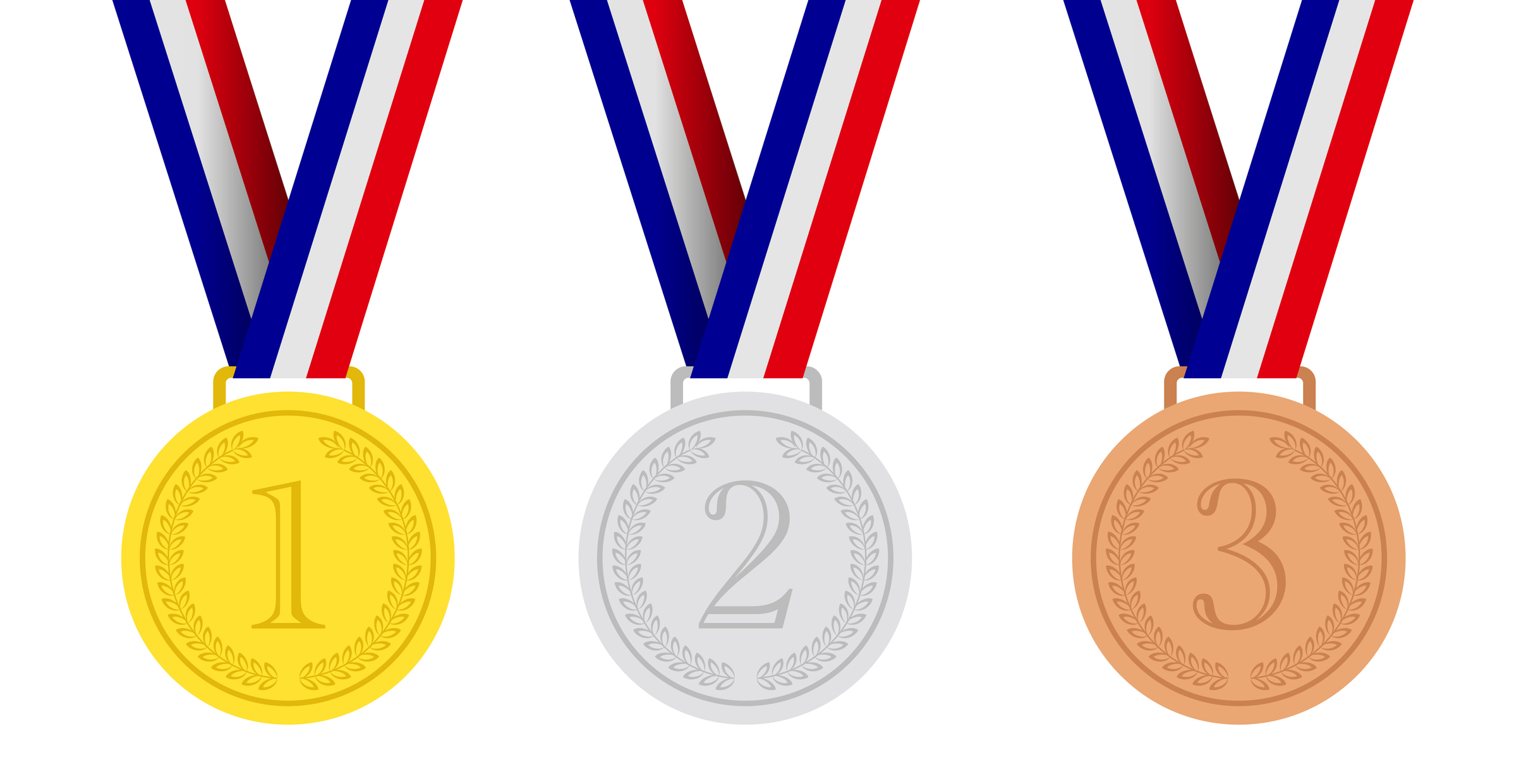 illustration of gold, silver and bronze medals hanging on ribbons for 1st, 2nd and 3rd place.