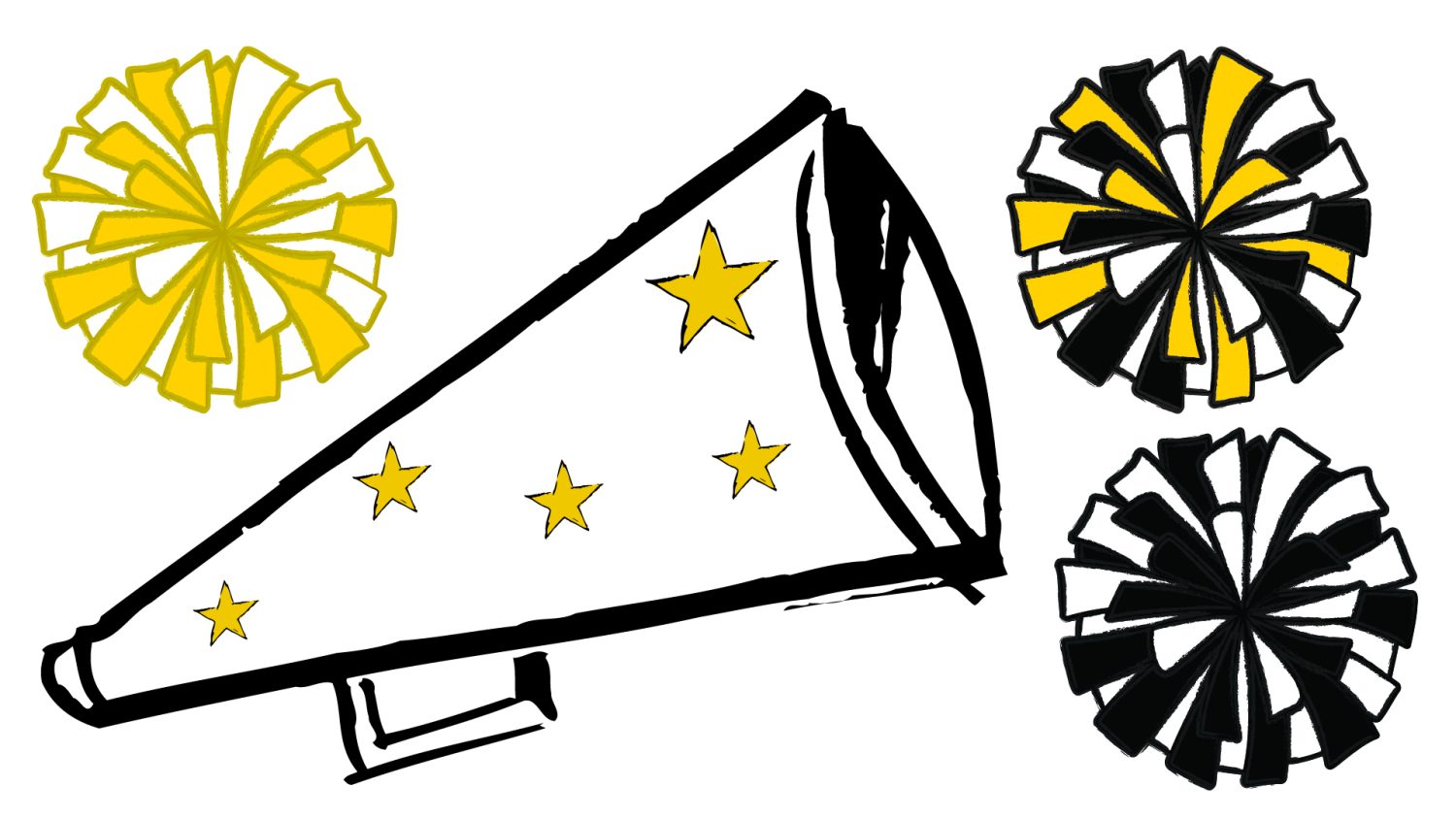 Qc bhc spirit camp Illustration of megaphone and 3 pom poms.