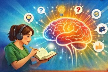 Illustration of female wearing headphones and holding an open book and pencil with large colorful brain next to her.
