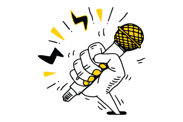 Illustration of hand holding microphone.