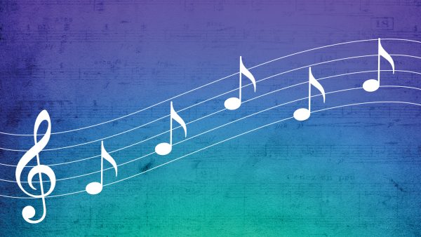 Treble clef and 5 musical notes on a staff.