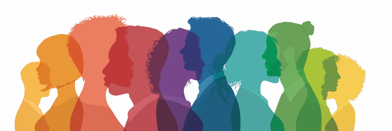 Colorful illustration of 10 people with heads and shoulders in profile.