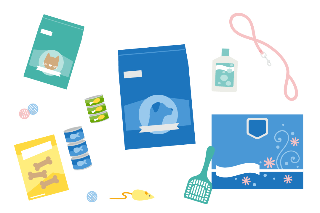 Illustration of variety of pet supplies.
