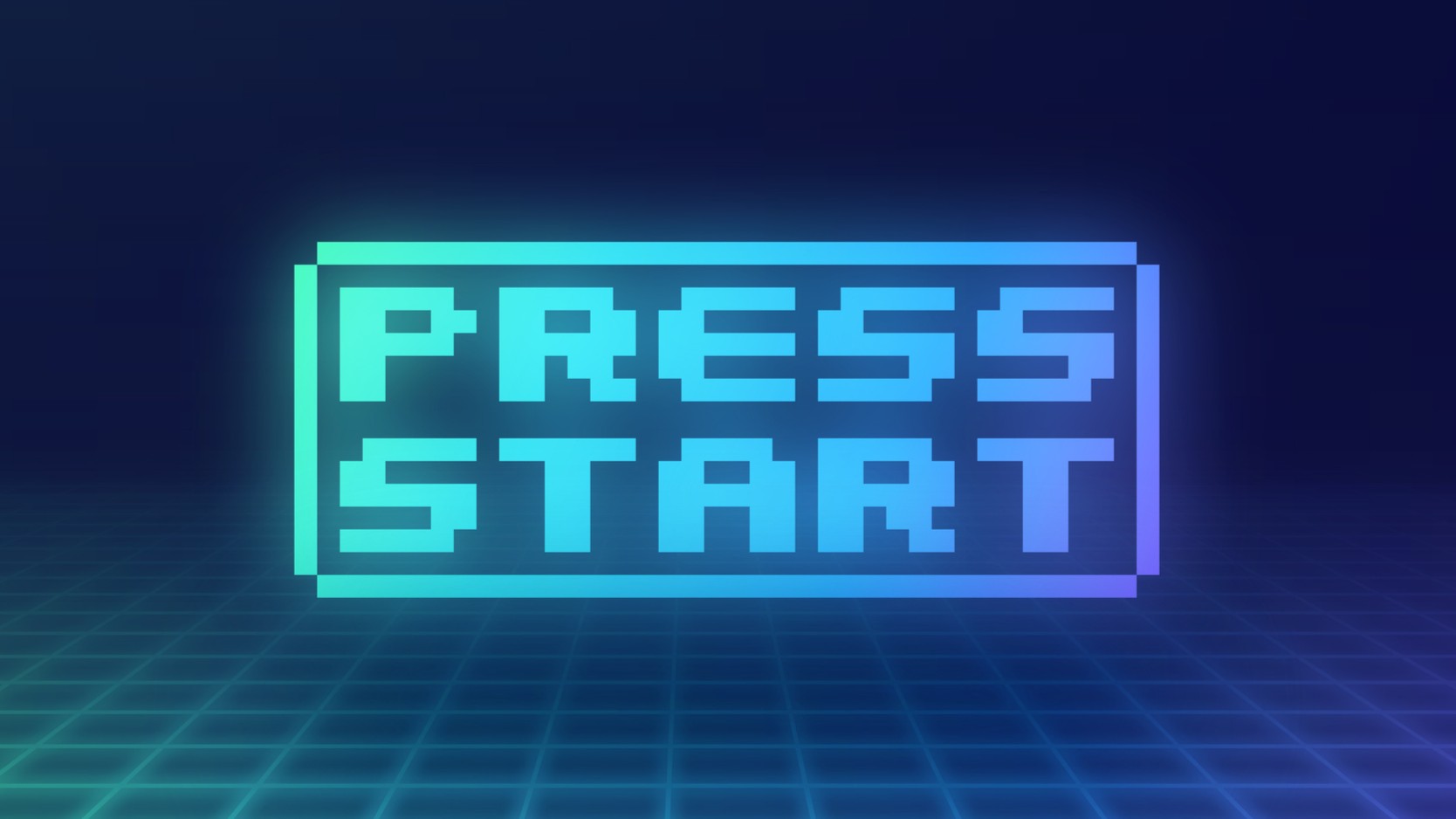 text that says press start with retro video game background.
