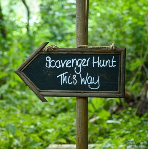 Wooden sign in forest that says scavenger hunt this way