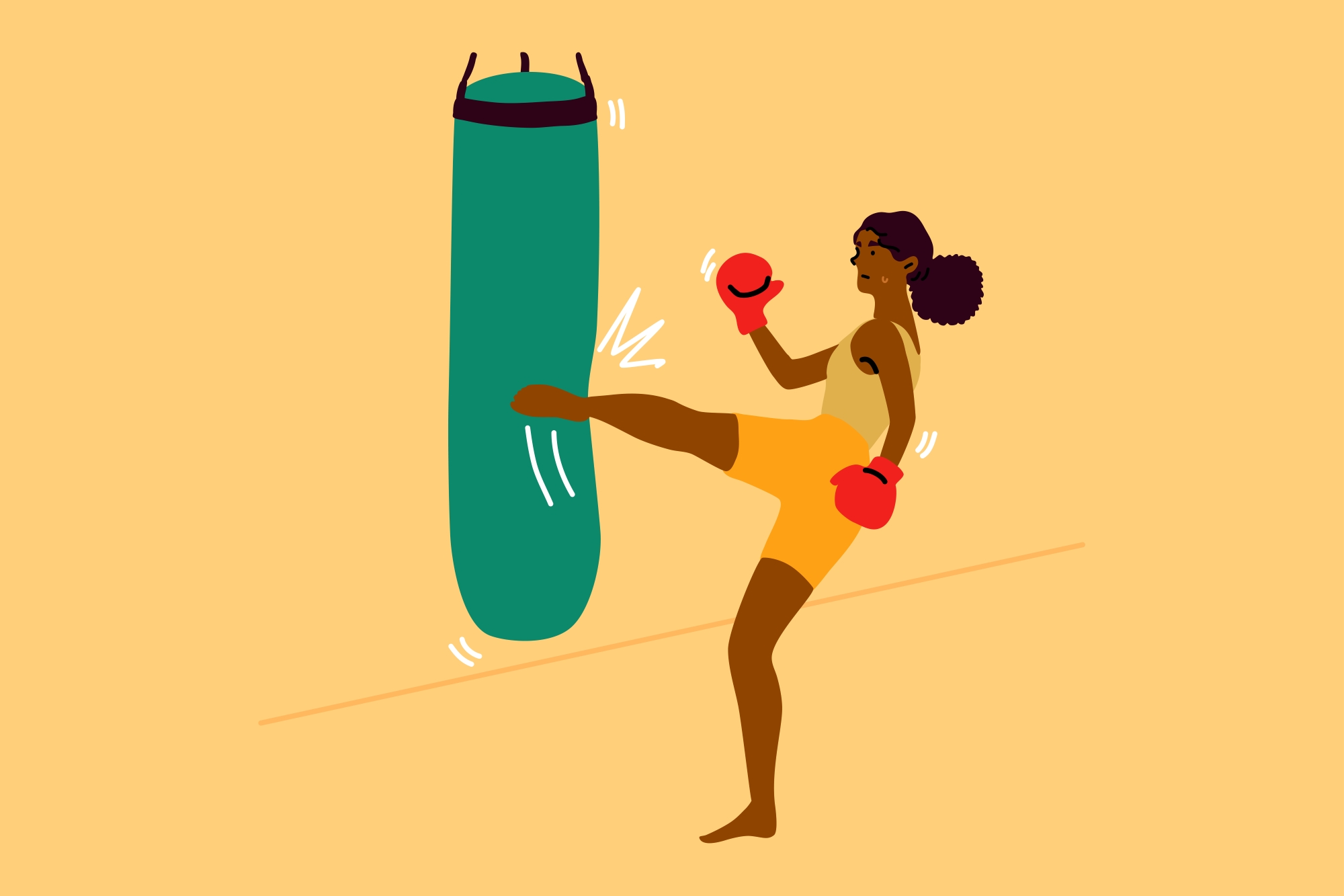 self-defense illustration of woman kicking punching bag.