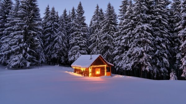 Cabin with lights and snow in foreground with snow-covered pine trees in background.