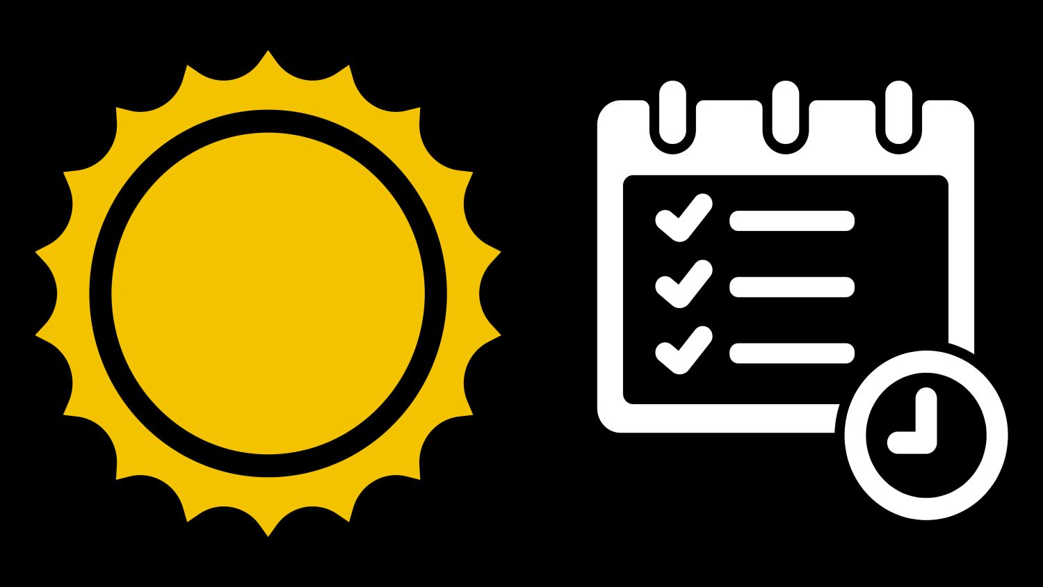 Illustration of a setting sun, checklist and analog clock.