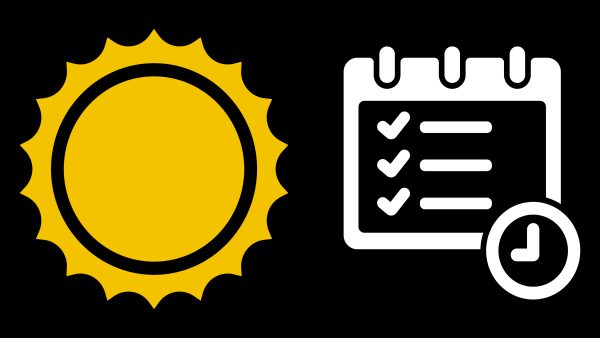 Illustration of a setting sun, checklist and analog clock.