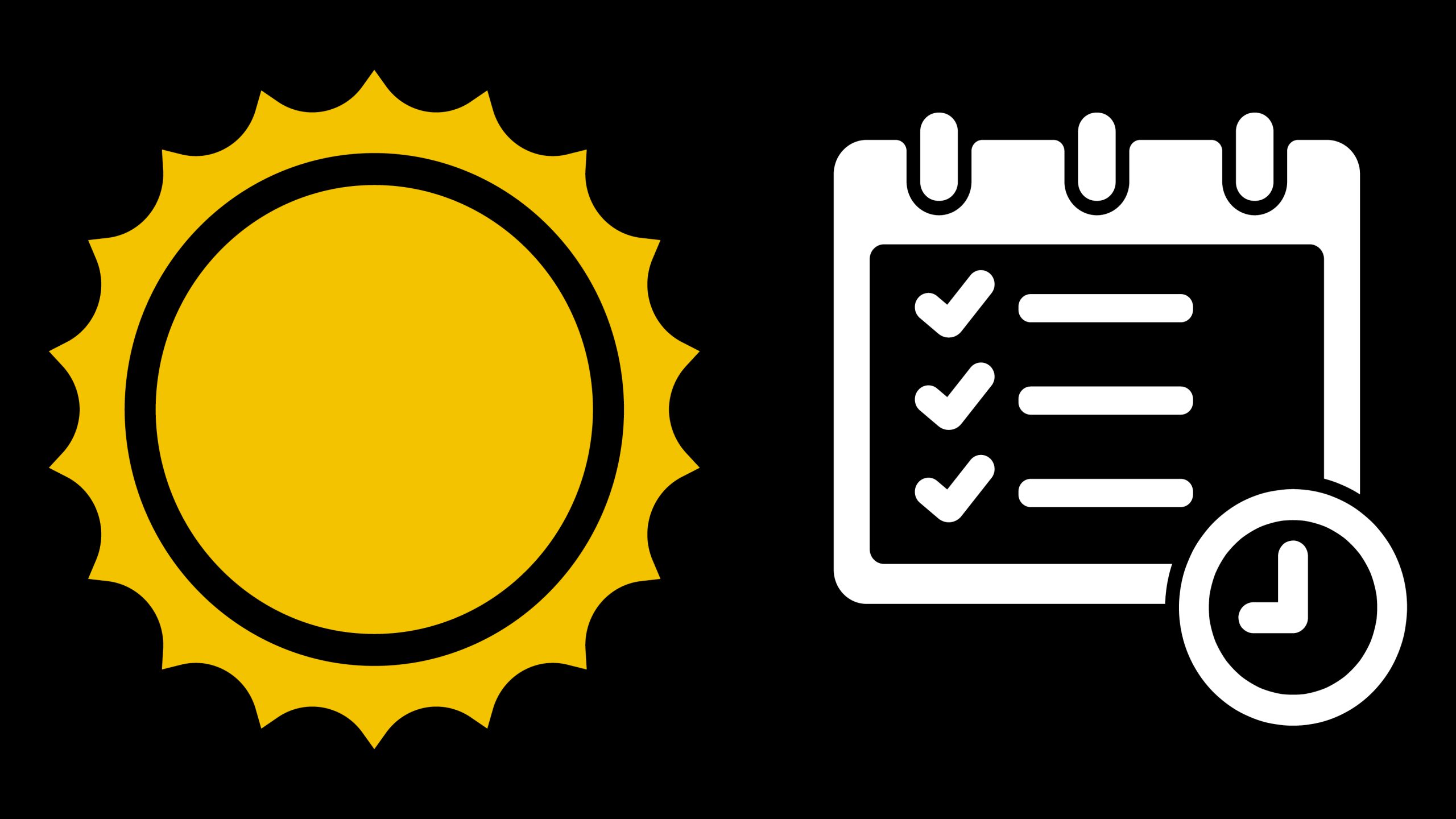 illustration of a setting sun, checklist and analog clock.